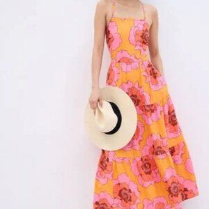 Gap Womens XL Orange Pink Linen-Blend Tie-Back Tiered Maxi Dress Floral